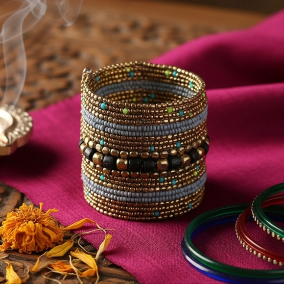 ๐๏ธBoho Chic Handmade Artisan Indian Statement Wide Cuff Fashion Beaded Bracelet - Picture 8 of 13